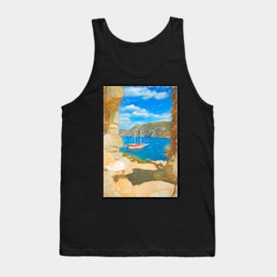 Sailboat anchored in an aegean bay in Turkey Tank Top